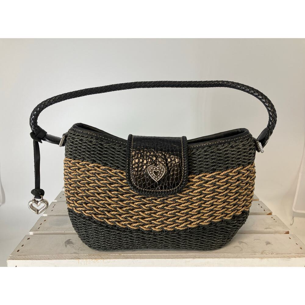 BRIGHTON SMALL BLACK, BROWN STRAW SHOULDER BAG